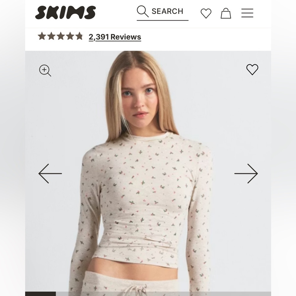 SKIMS women’s long sleeve oatmeal holly print crewneck loungewear, 2X
